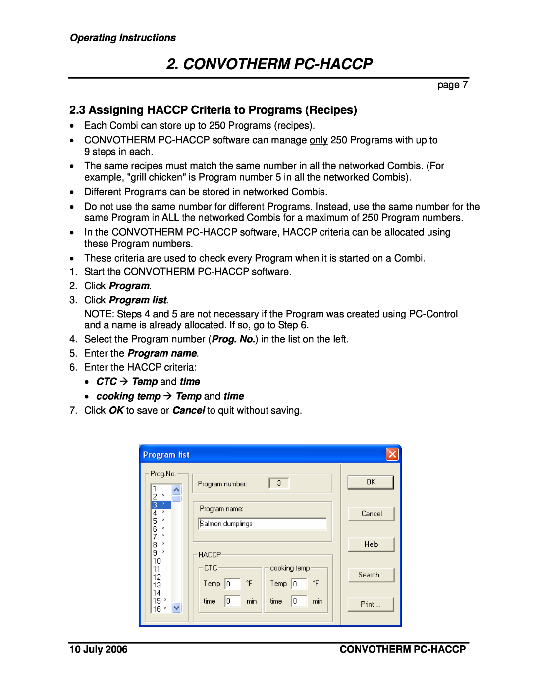 Cleveland Range PC-Control Assigning HACCP Criteria to Programs Recipes, Click Program list, Enter the Program name, July 