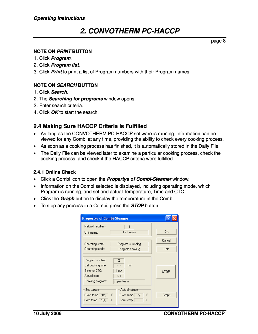 Cleveland Range PC-HACCP Making Sure HACCP Criteria Is Fulfilled, Note On Print Button, Click Program list, Online Check 