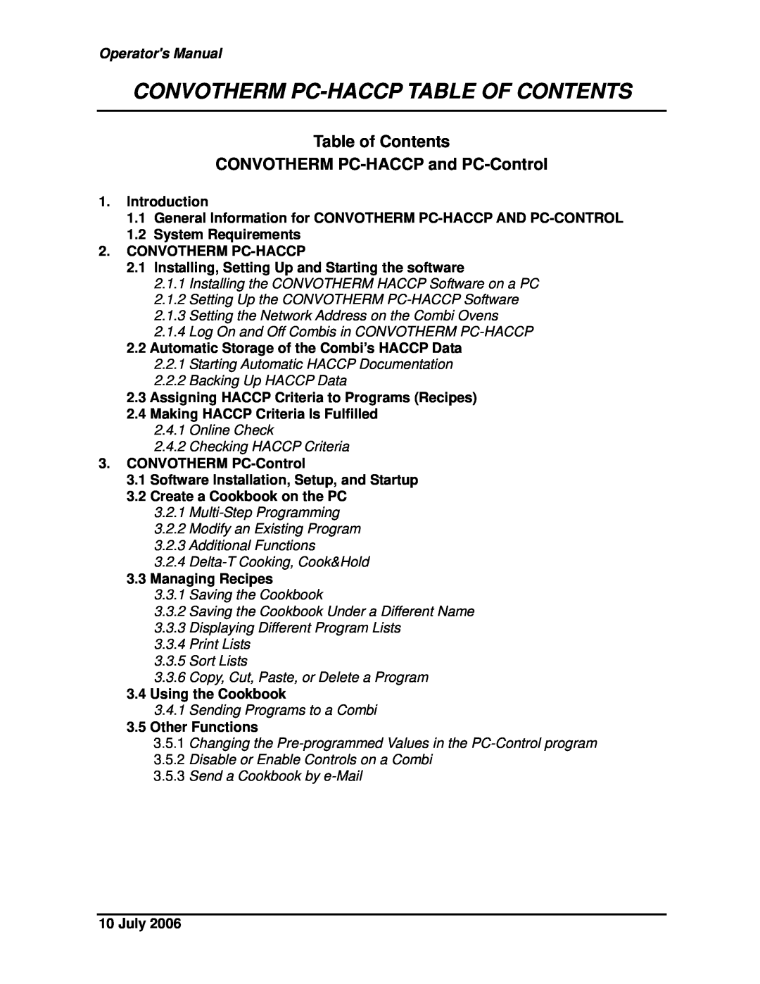 Cleveland Range Convotherm Pc-Haccp Table Of Contents, Table of Contents CONVOTHERM PC-HACCP and PC-Control, July 