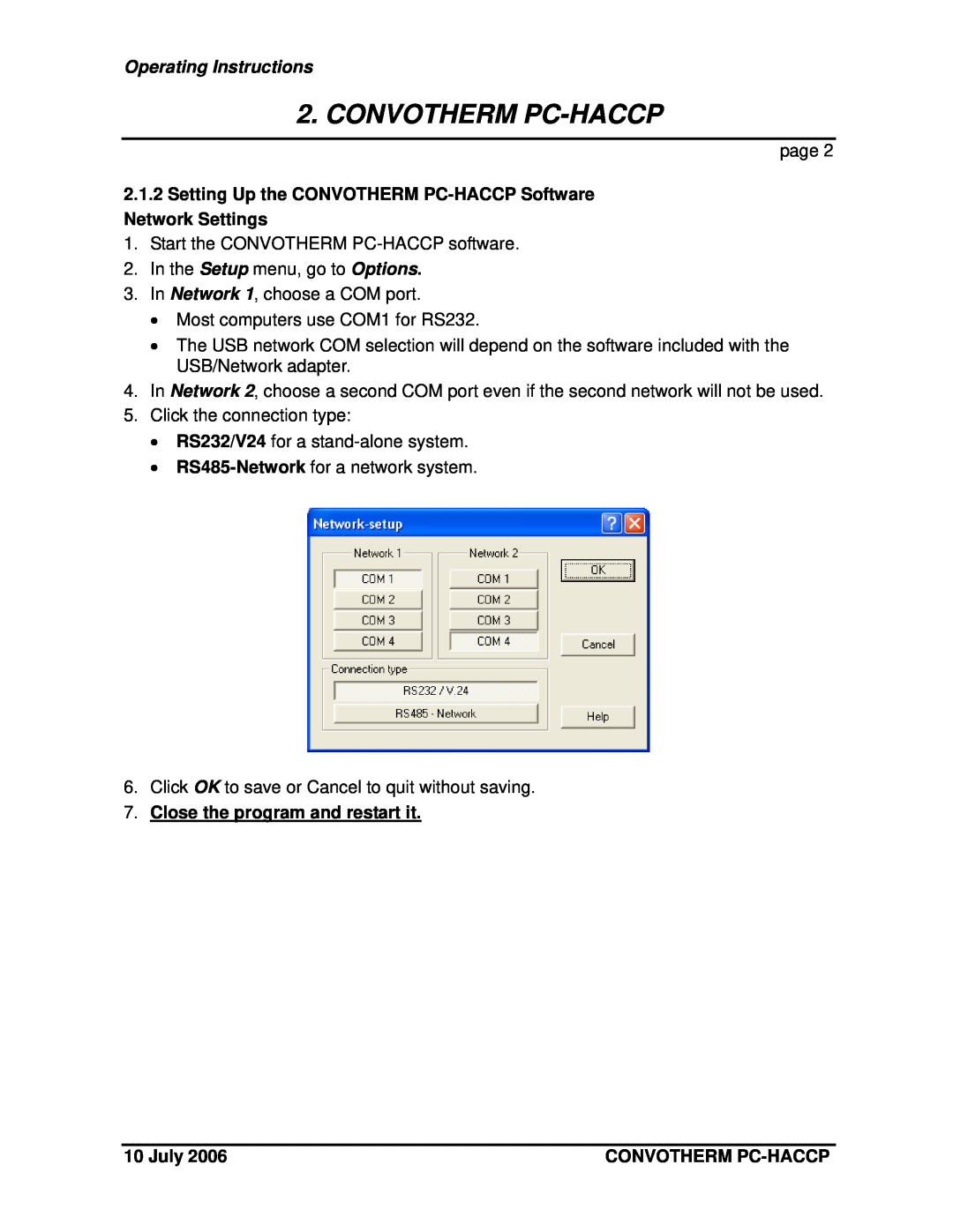 Cleveland Range Setting Up the CONVOTHERM PC-HACCP Software Network Settings, Close the program and restart it, July 