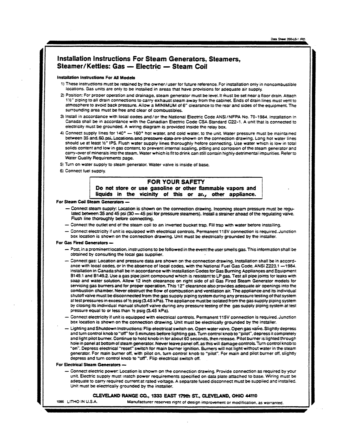 Cleveland Range PDM-3J, PEM-160, PEM-24, PDP-3J, PDP-2, PDL-2, PDM-2, PDL-3L, PEM-200, PDL-3J, PSM-2/3J, PSM-3J, PEM-300-3J, PEM-250 