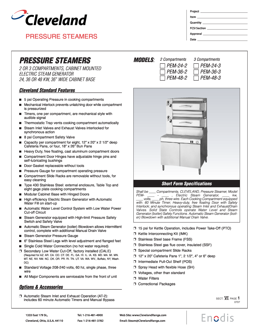 Cleveland Range PEM-36-3 specifications Pressure Steamers, Models, Cleveland Standard Features, Options & Accessories 