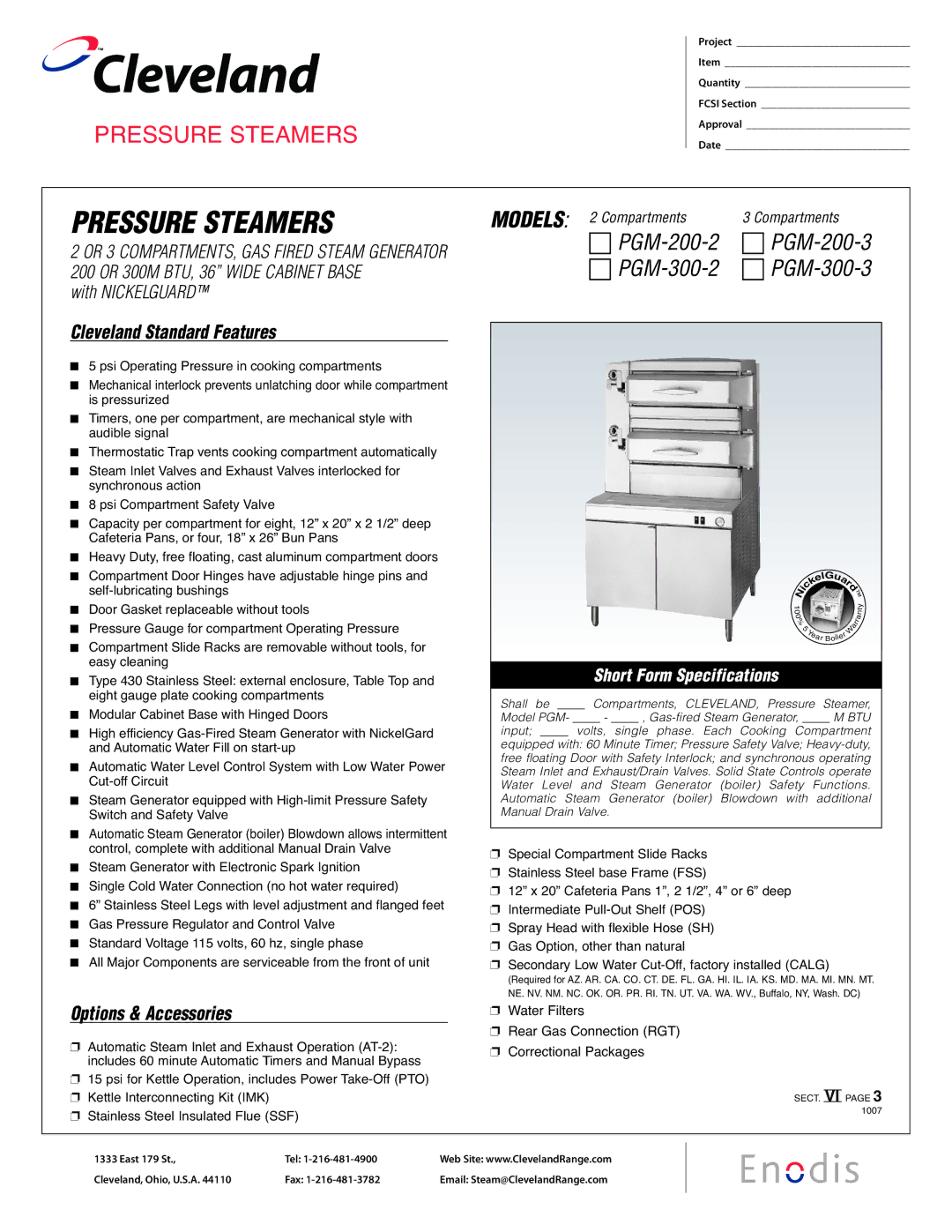 Cleveland Range specifications Cleveland, Pressure Steamers, PGM-300-2, Models PGM-200-2 PGM-200-3, PGM-300-3 