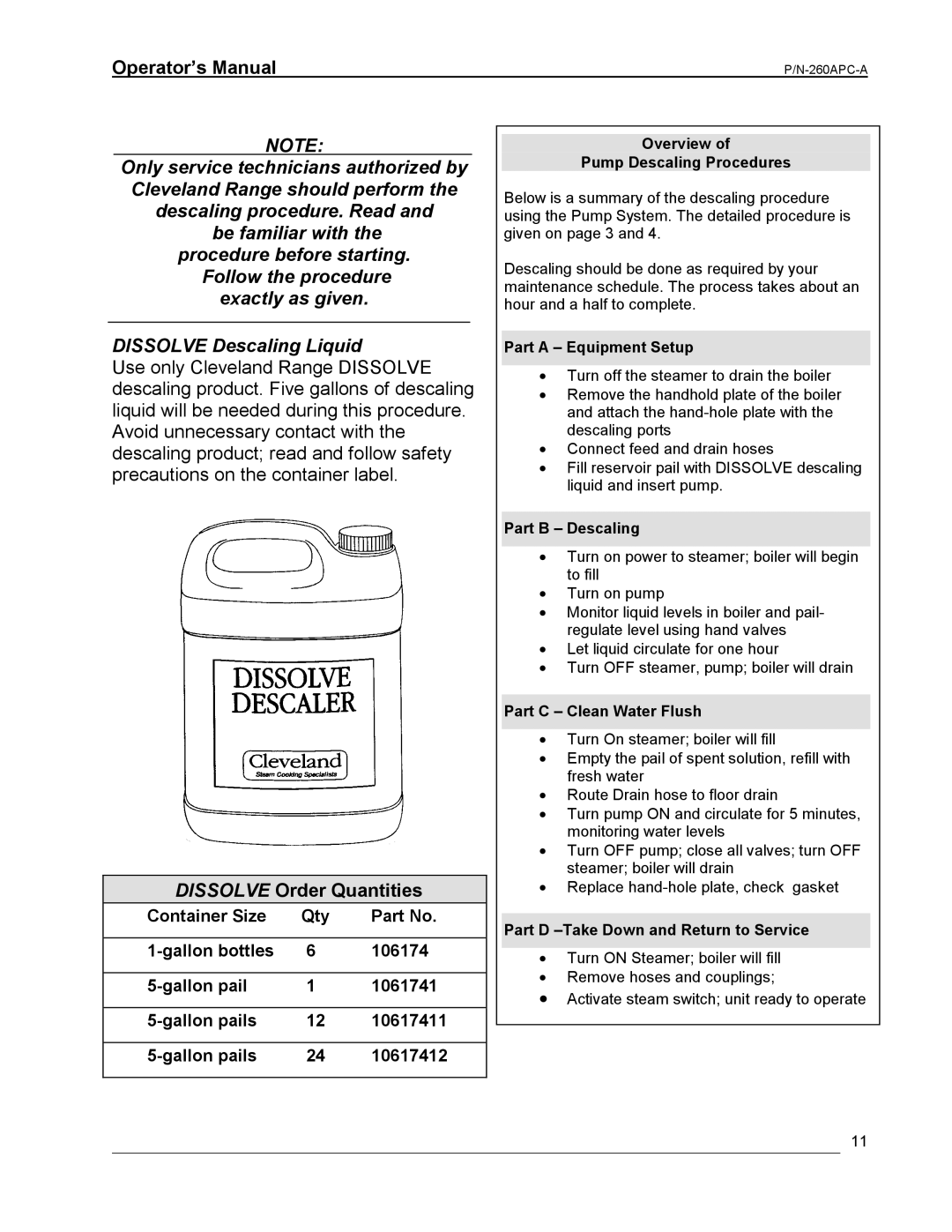 Cleveland Range PEM, PGM, PDM, PSM, PDL-2/3 manual Dissolve Order Quantities, Overview Pump Descaling Procedures 