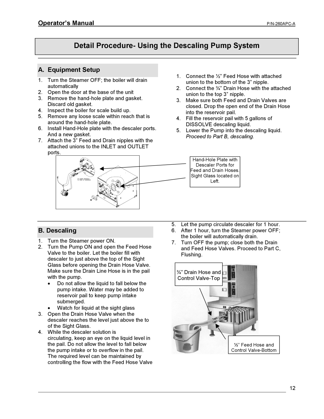 Cleveland Range PDM, PGM, PEM, PSM, PDL-2/3 manual Equipment Setup, Descaling 