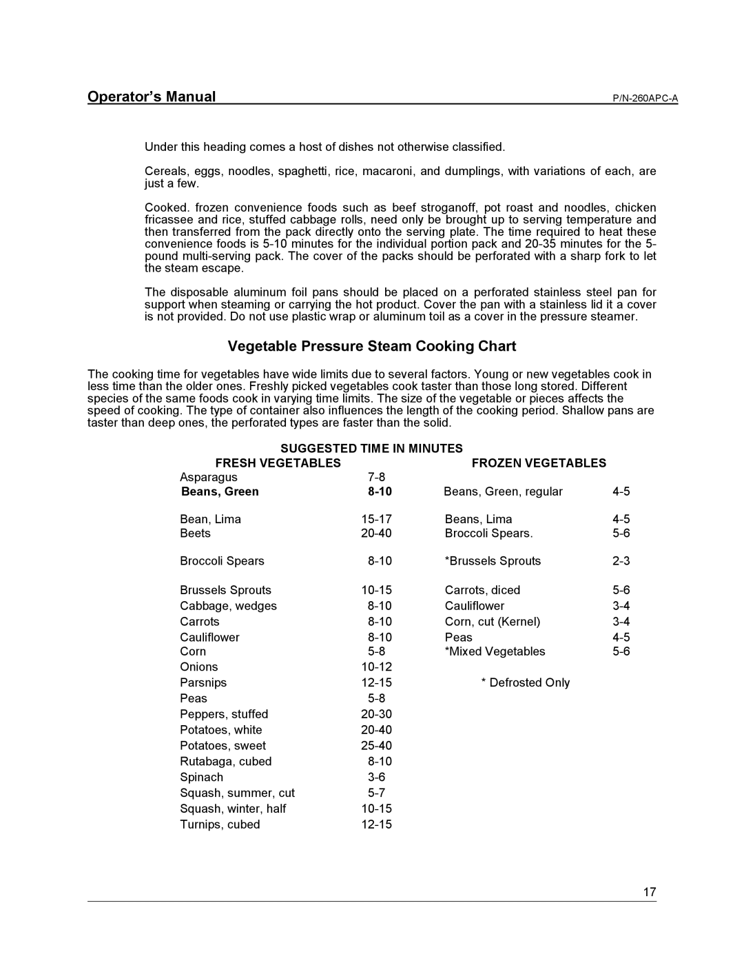 Cleveland Range PDM, PGM, PEM, PSM, PDL-2/3 manual Vegetable Pressure Steam Cooking Chart, Beans, Green 