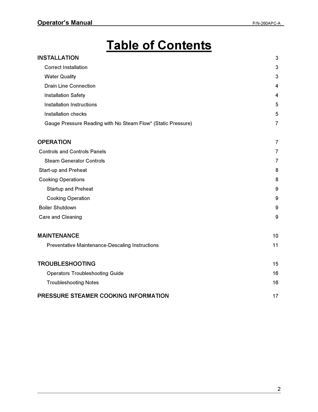 Cleveland Range PDM, PGM, PEM, PSM, PDL-2/3 manual Table of Contents 