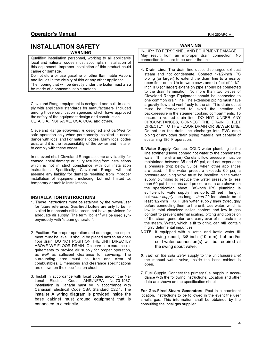 Cleveland Range PDL-2/3, PGM, PEM, PDM, PSM manual Installation Safety 