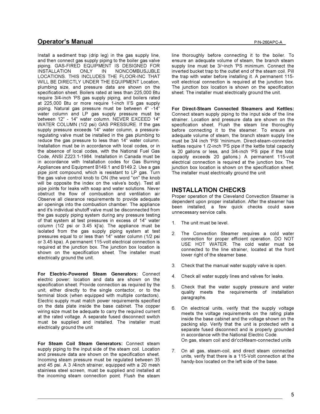 Cleveland Range PGM, PEM, PDM, PSM, PDL-2/3 manual Installation Checks, For Direct-Steam Connected Steamers and Kettles 