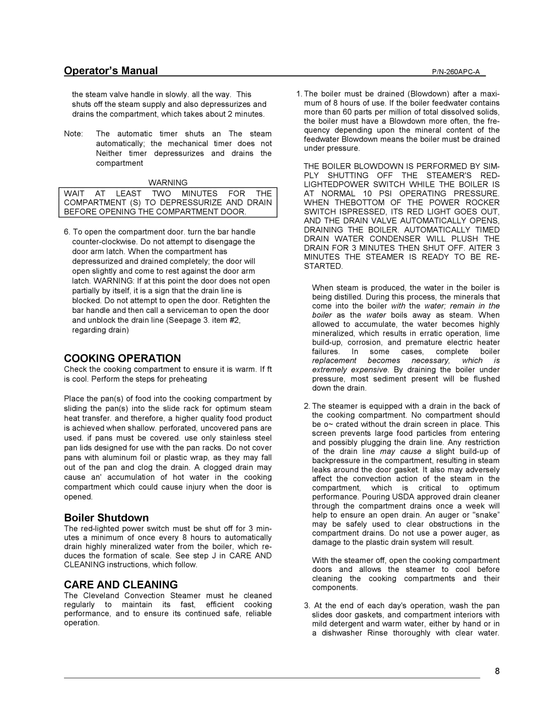 Cleveland Range PSM, PGM, PEM, PDM, PDL-2/3 manual Cooking Operation, Boiler Shutdown, Care and Cleaning 