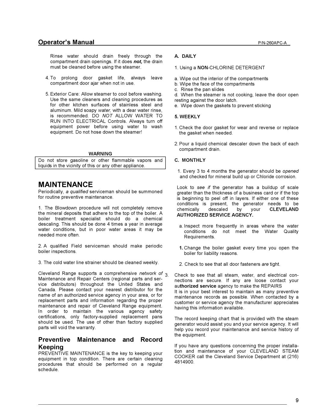 Cleveland Range PDL-2/3, PGM, PEM, PDM, PSM manual Preventive Maintenance and Record Keeping, Daily 