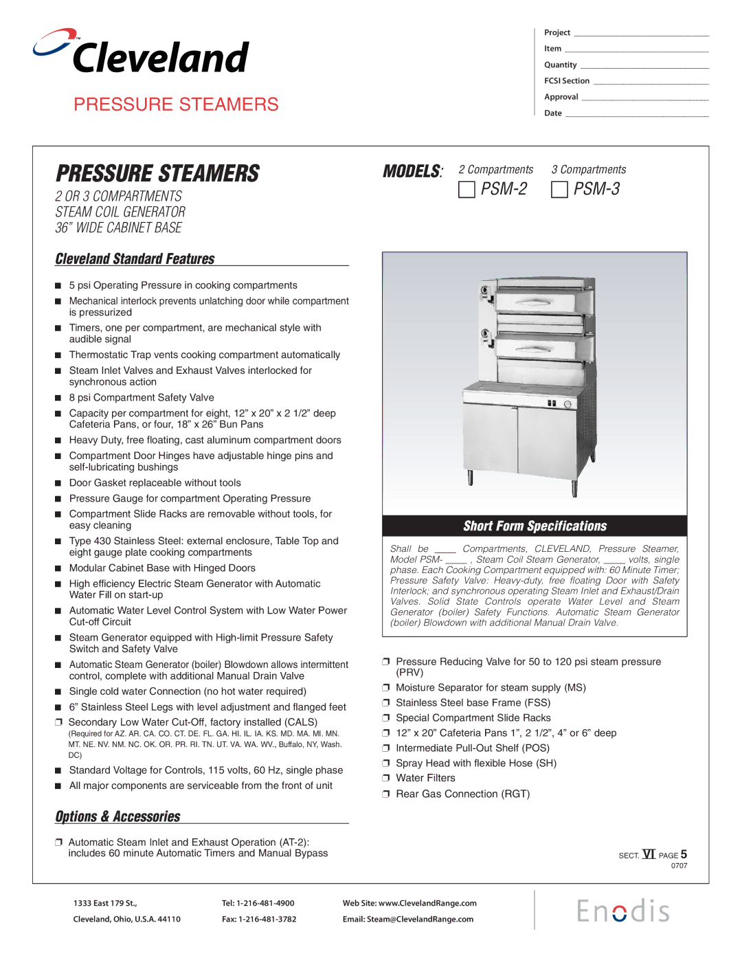 Cleveland Range PSM-3, PSM-2 specifications Cleveland Standard Features, Options & Accessories 