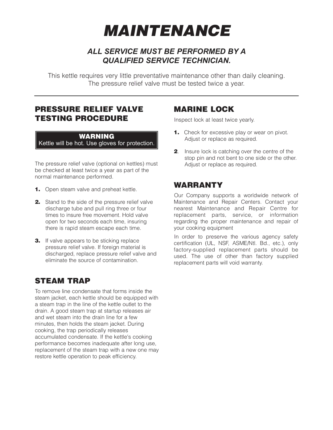 Cleveland Range SD-1600-K2020 Maintenance, Pressure Relief Valve Testing Procedure, Marine Lock, Warranty, Steam Trap 