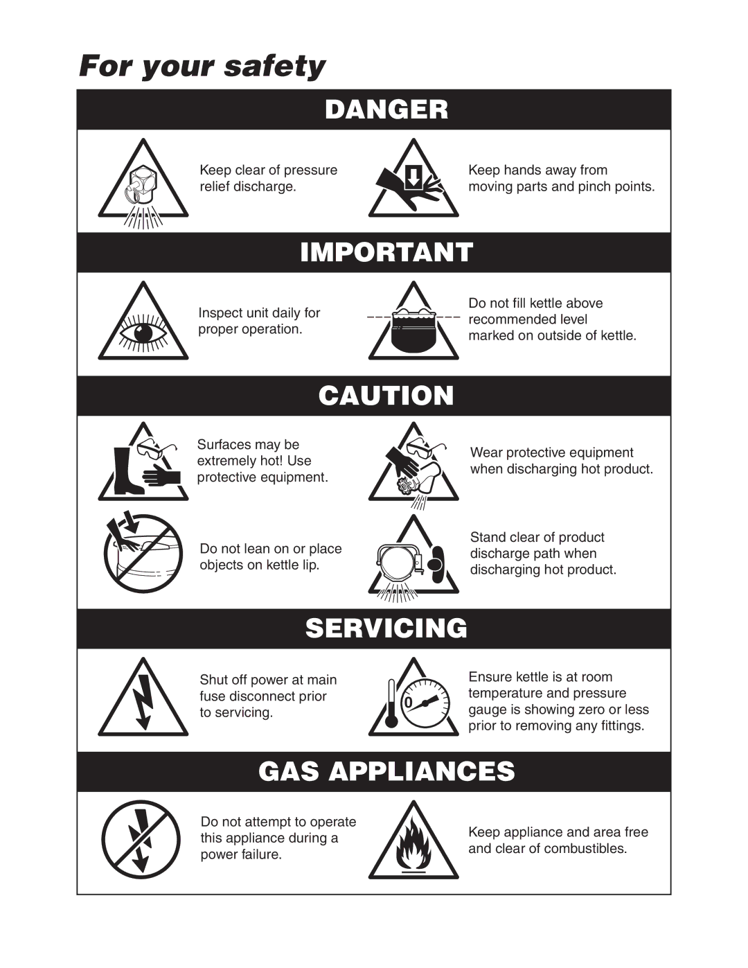 Cleveland Range SD-760- K20, SD-1200-K 612, SD-1600-K 620, SD-1600-K1212, SD-1600-K2020, SD-1600-K1220 manual For your safety 