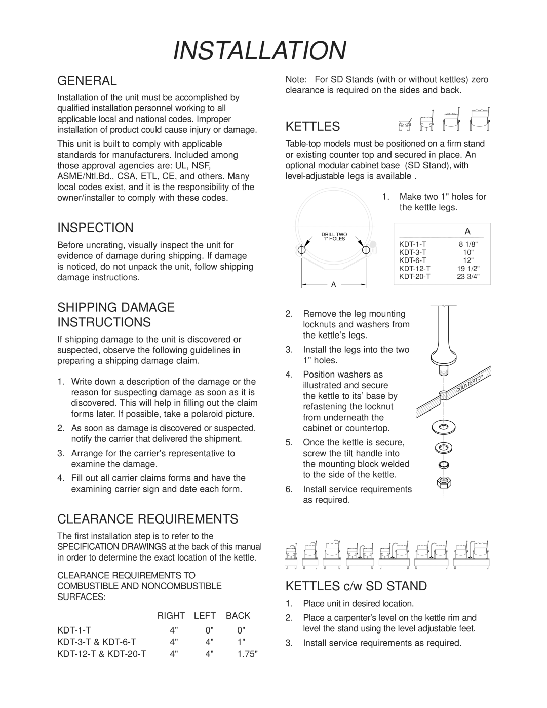 Cleveland Range SD-1600-K1212, SD-1200-K 612, SD-1600-K 620, SD-760- K20, SD-1600-K2020, SD-1600-K1220 manual Installation 