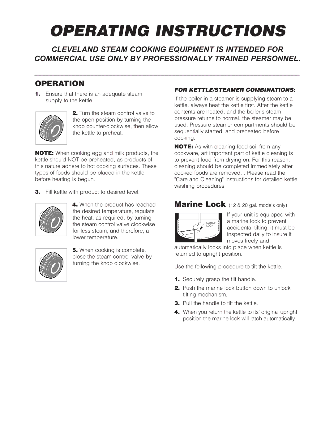 Cleveland Range SD-1600-K1220, SD-1200-K 612, SD-1600-K 620, SD-760- K20, SD-1600-K1212 Operating Instructions, Operation 