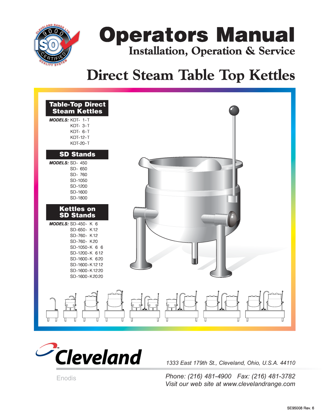 Cleveland Range SD-1600-K 620 manual Operators Manual, Cleveland, Direct Steam Table Top Kettles, SD Stands, Enodis 
