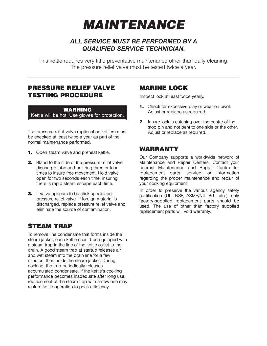 Cleveland Range SD-1600-K2020 Maintenance, All Service Must Be Performed By A Qualified Service Technician, Marine Lock 