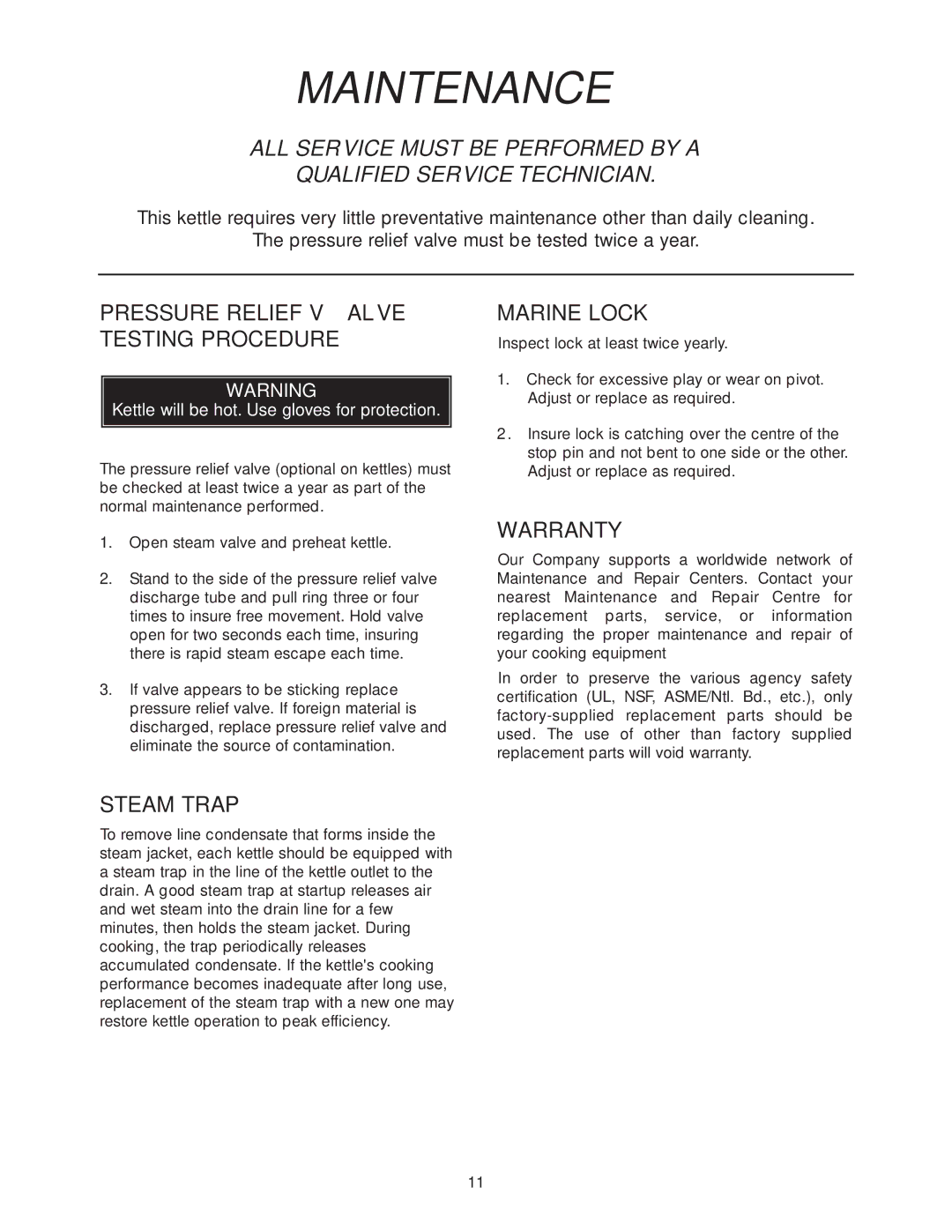 Cleveland Range SD-1200, SD- 650 Maintenance, Pressure Relief Valve Testing Procedure, Marine Lock, Warranty, Steam Trap 