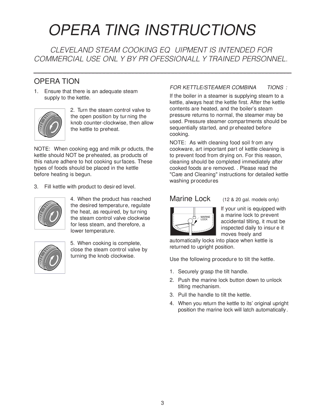 Cleveland Range SD-1600-K 12 20, SD-760- K12, SD-760-K20, SD-1600-K 12 12, SD- 650, SD- 450 Operating Instructions, Operation 