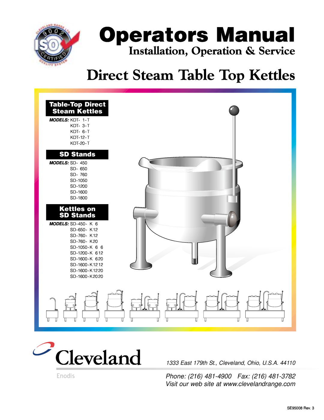 Cleveland Range SD-760-K20 manual Operators Manual, Direct Steam Table Top Kettles, Installation, Operation & Service 