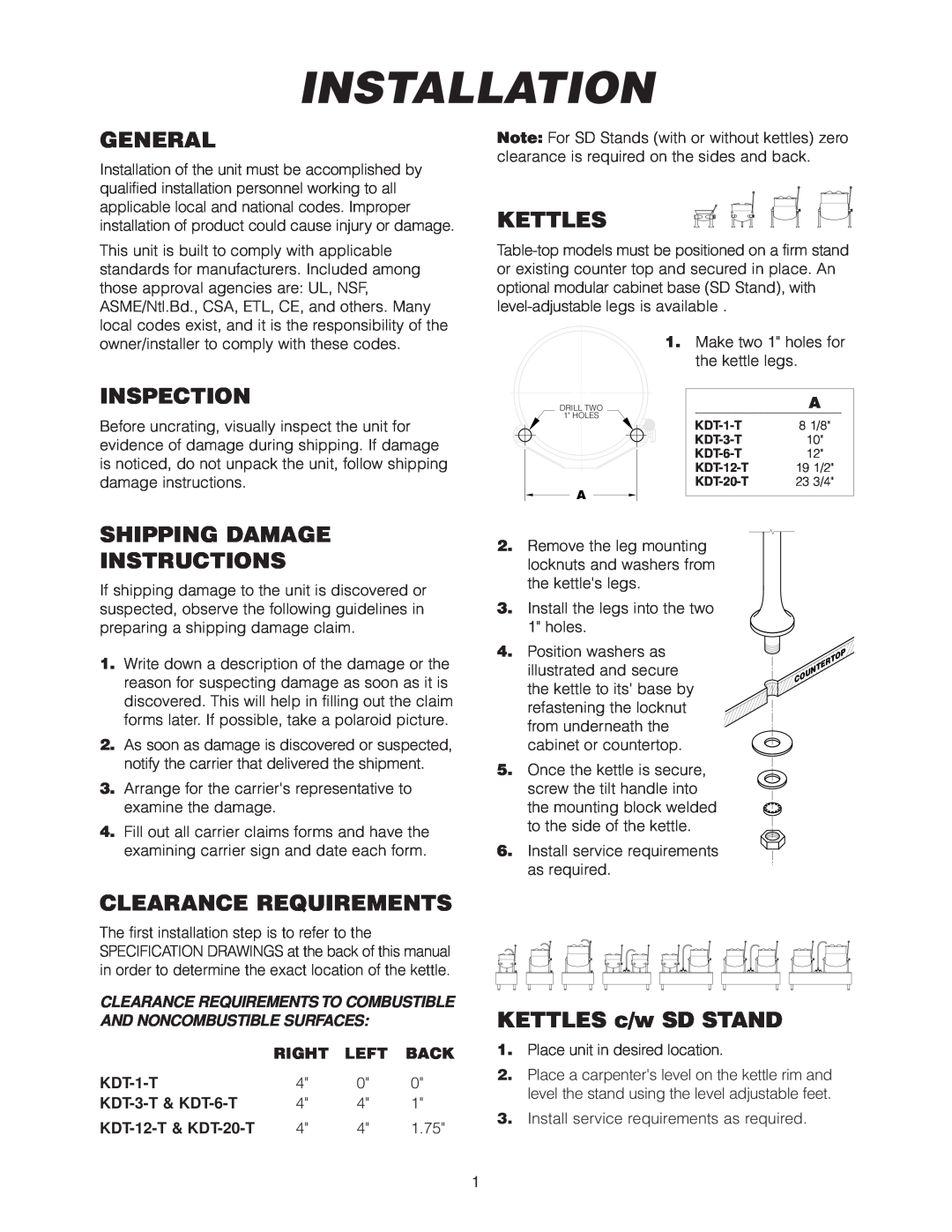 Cleveland Range SD- 650 Installation, General, Inspection, Shipping Damage Instructions, Clearance Requirements, Kettles 