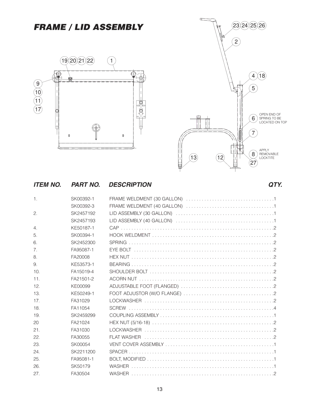 Cleveland Range SEL-30-T1, SEL-40-T1 manual Frame / LID Assembly, Item no Description QTY 