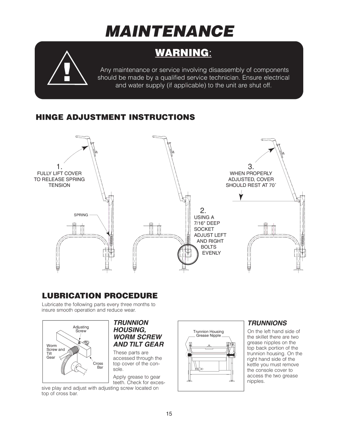 Cleveland Range SEL-30-T1, SEL-40-T1 manual Maintenance, Hinge Adjustment Instructions, Lubrication Procedure 