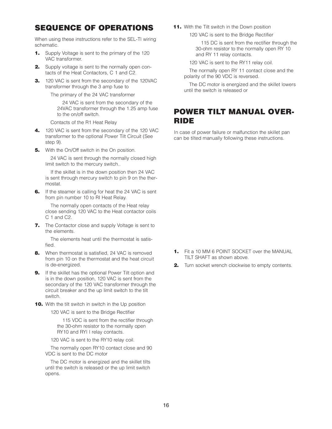 Cleveland Range SEL-40-T1, SEL-30-T1 manual Sequence of Operations, Power Tilt Manual OVER- Ride 