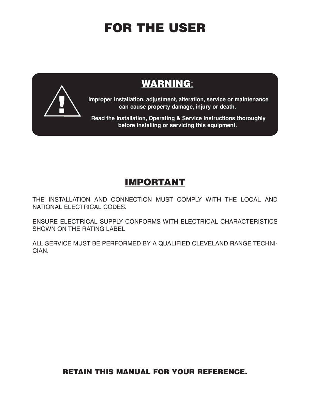 Cleveland Range SEL-30-T1, SEL-40-T1 manual For the User, Retain this Manual for Your Reference 