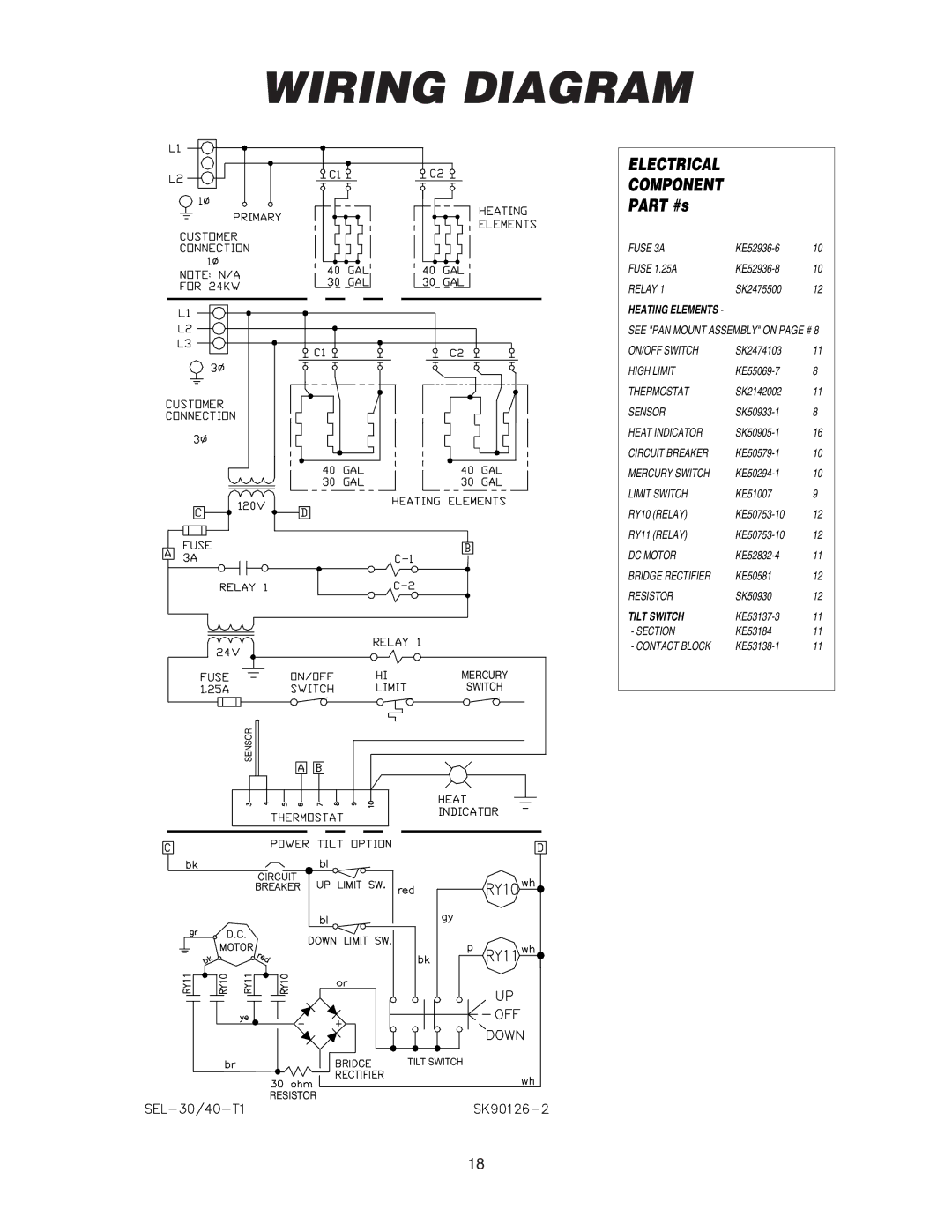 Cleveland Range SEL-40-T1, SEL-30-T1 manual Wiring Diagram, Electrical Component 