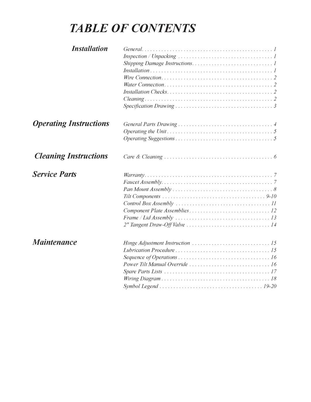 Cleveland Range SEL-40-T1, SEL-30-T1 manual Table of Contents 