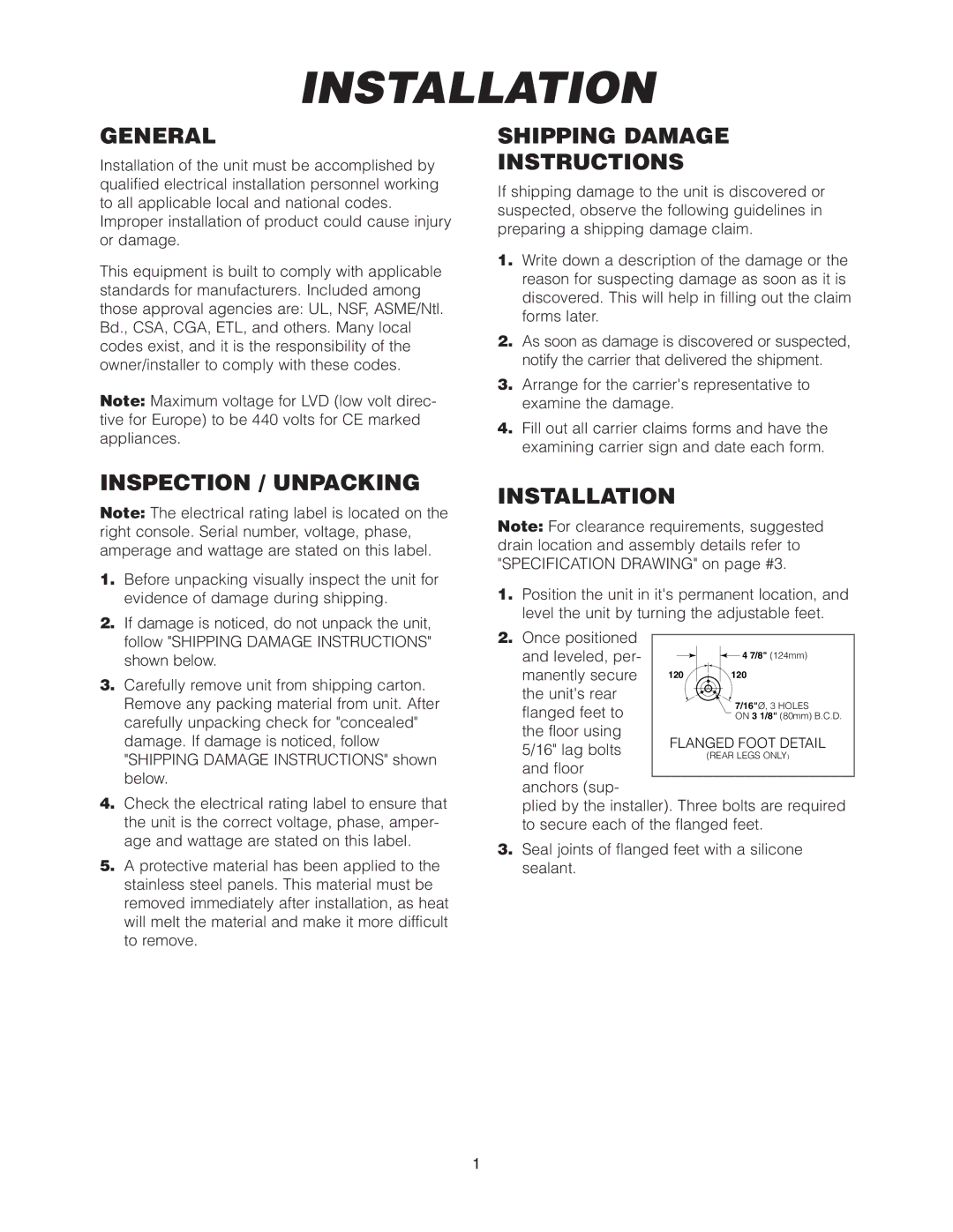 Cleveland Range SEL-30-T1, SEL-40-T1 manual Installation, General, Inspection / Unpacking, Shipping Damage Instructions 