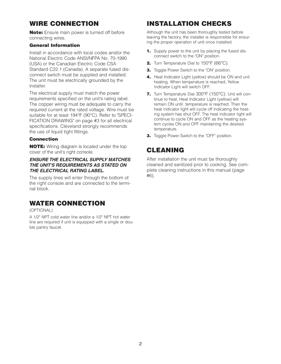 Cleveland Range SEL-40-T1, SEL-30-T1 manual Wire Connection, Water Connection, Installation Checks, Cleaning, Optional 