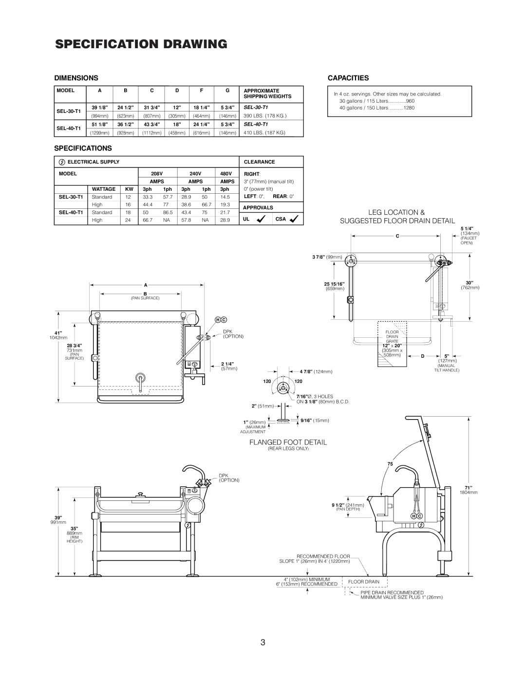 Cleveland Range SEL-30-T1, SEL-40-T1 manual Specification Drawing, Dimensions Capacities 