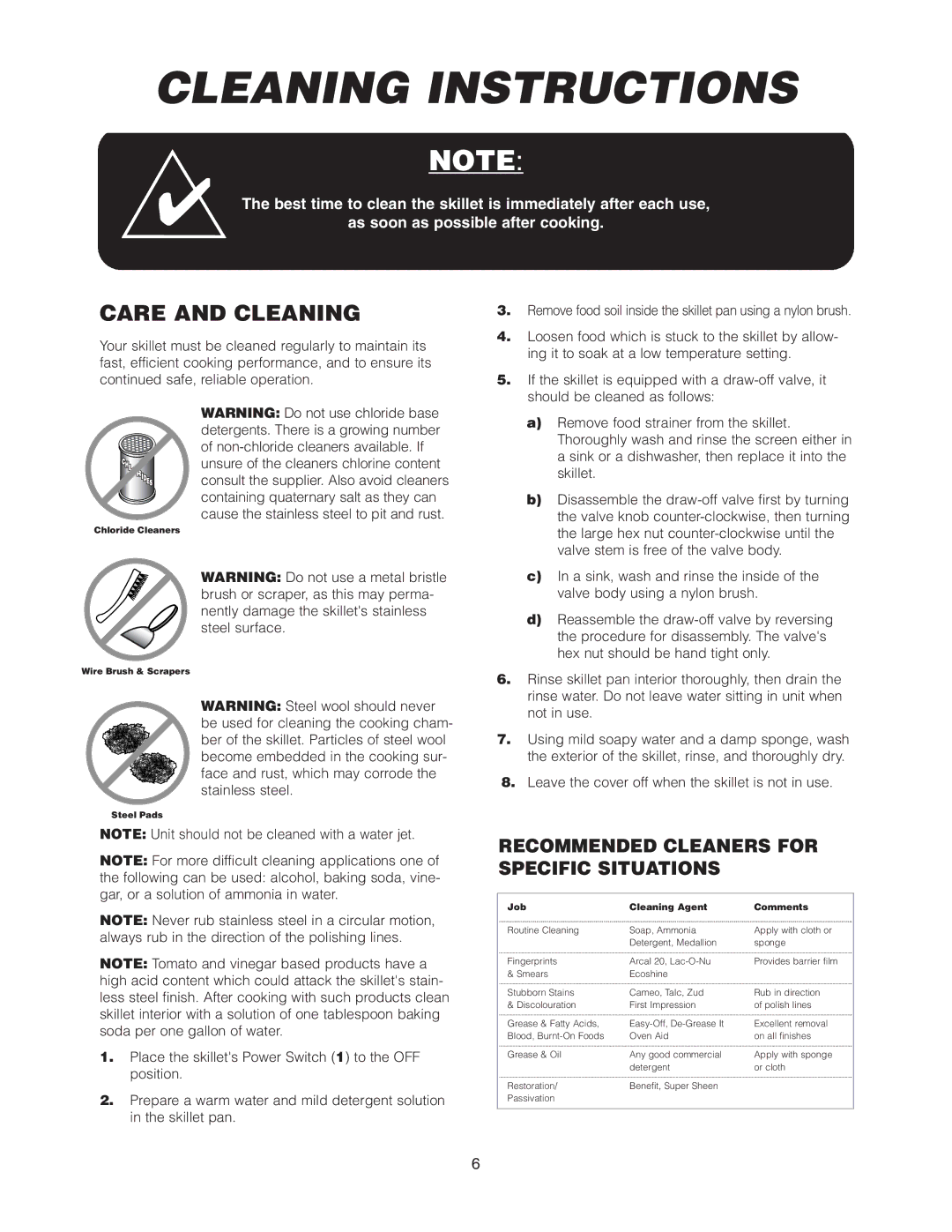 Cleveland Range SEL-40-T1, SEL-30-T1 manual Cleaning Instructions, Care and Cleaning 