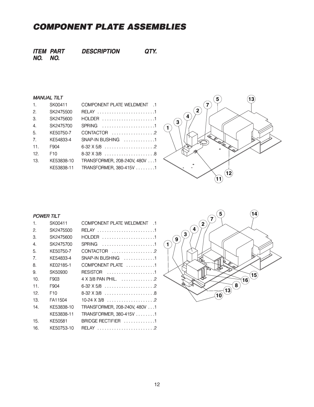 Cleveland Range SEL-40-T1, SEL-30-T1 manual Component Plate Assemblies, Part, Description 