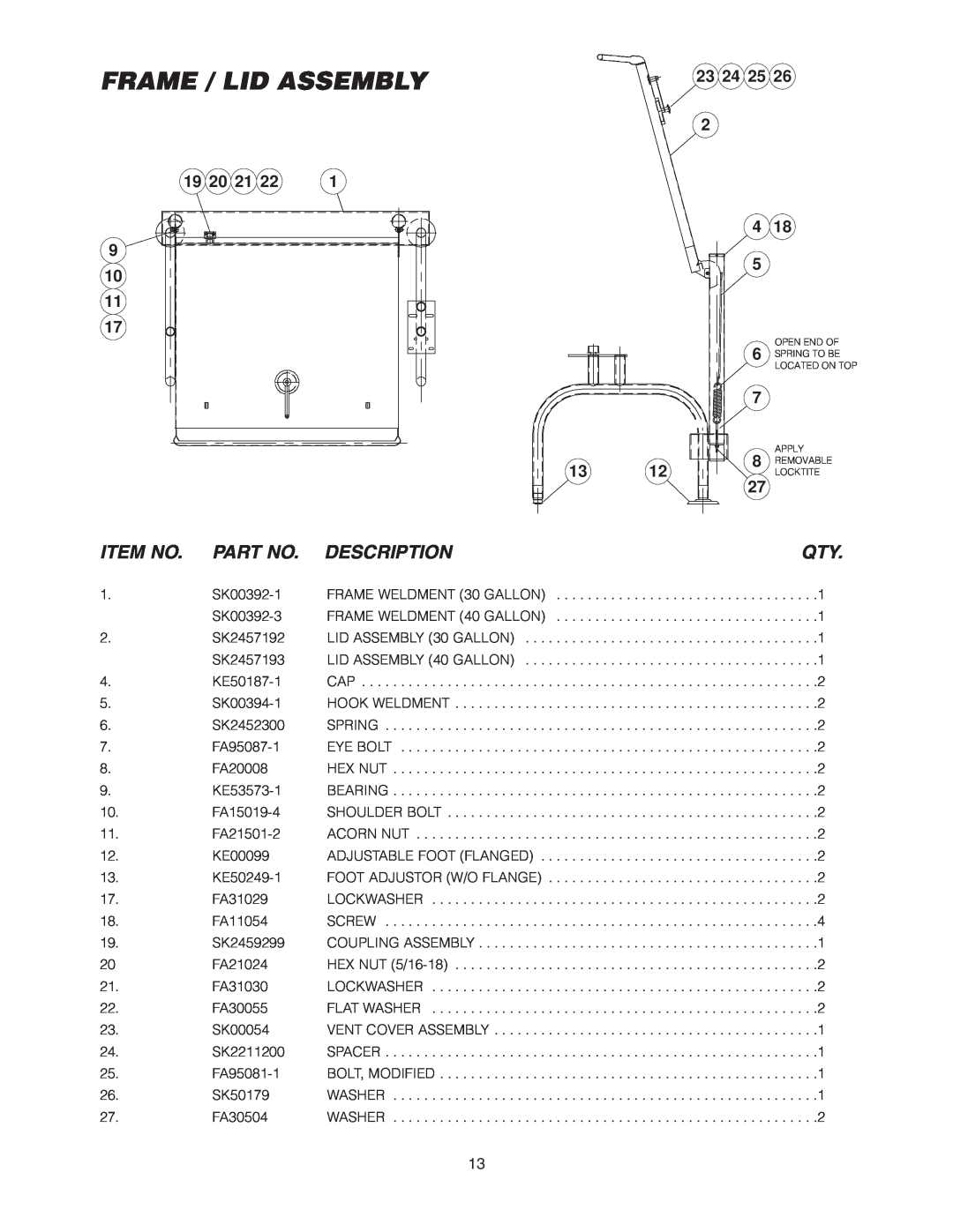 Cleveland Range SEL-30-T1, SEL-40-T1 manual Frame / Lid Assembly, Item No, Description, 23 24 25, 19 20 21 