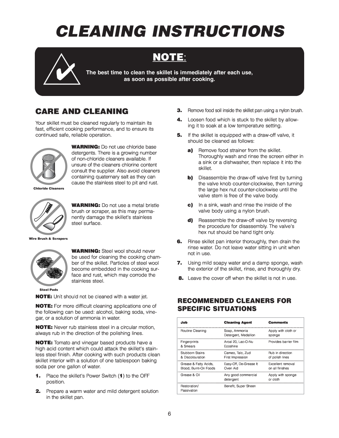 Cleveland Range SEL-40-T1 manual Cleaning Instructions, Care And Cleaning, Recommended Cleaners For Specific Situations 
