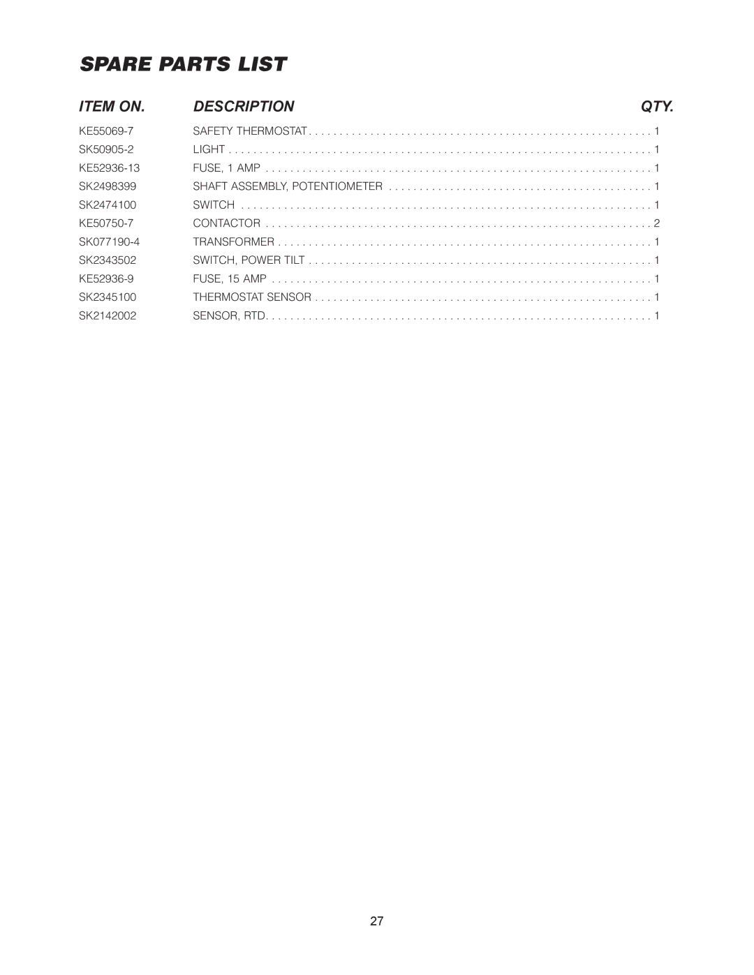 Cleveland Range SEL-40-TR, SEL-30-TR, SEM-30-TR, SEM-40-TR manual Spare Parts List 