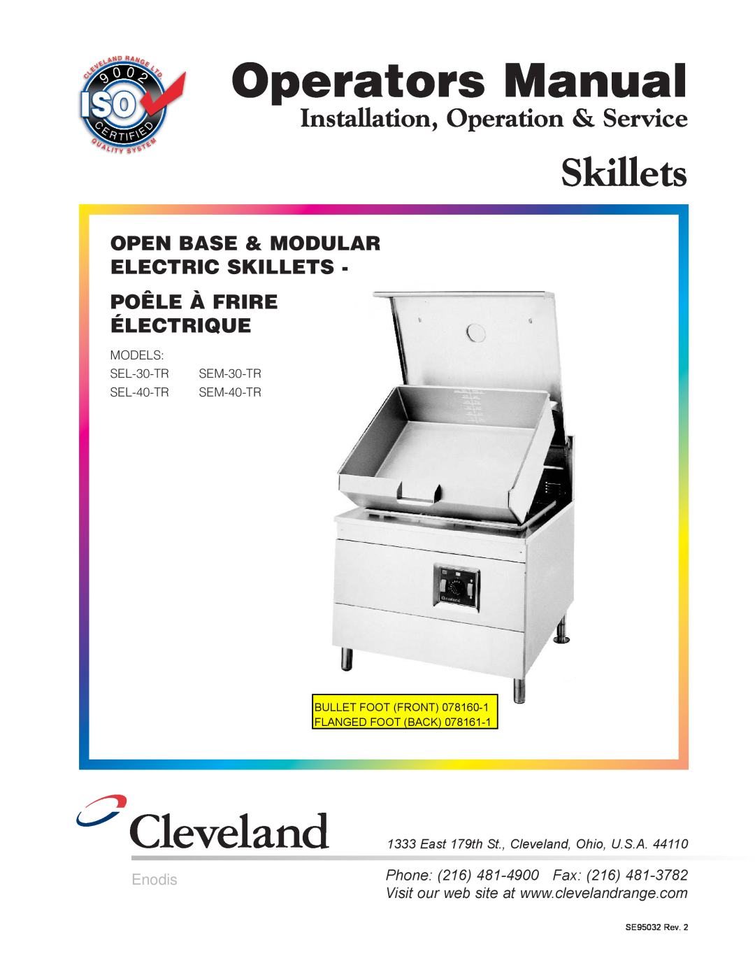 Cleveland Range SEL-30-TR manual Operators Manual, Skillets, Installation, Operation & Service, Poêle À Frire Électrique 