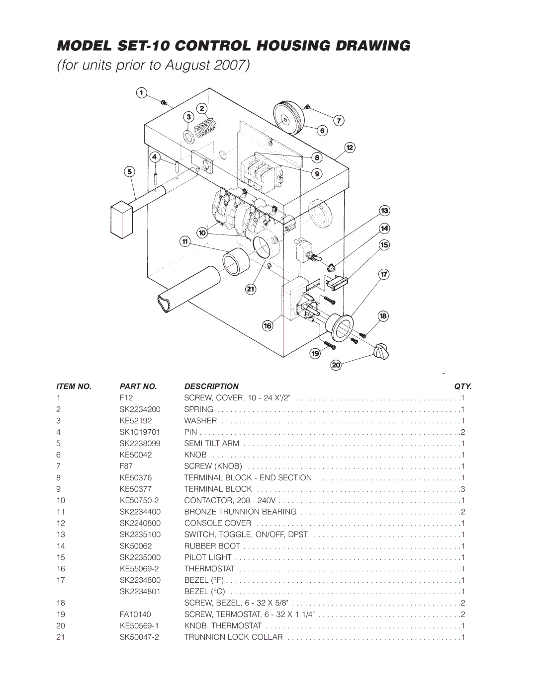 Cleveland Range SET-15 manual Model SET-10 Control Housing Drawing, For units prior to August 