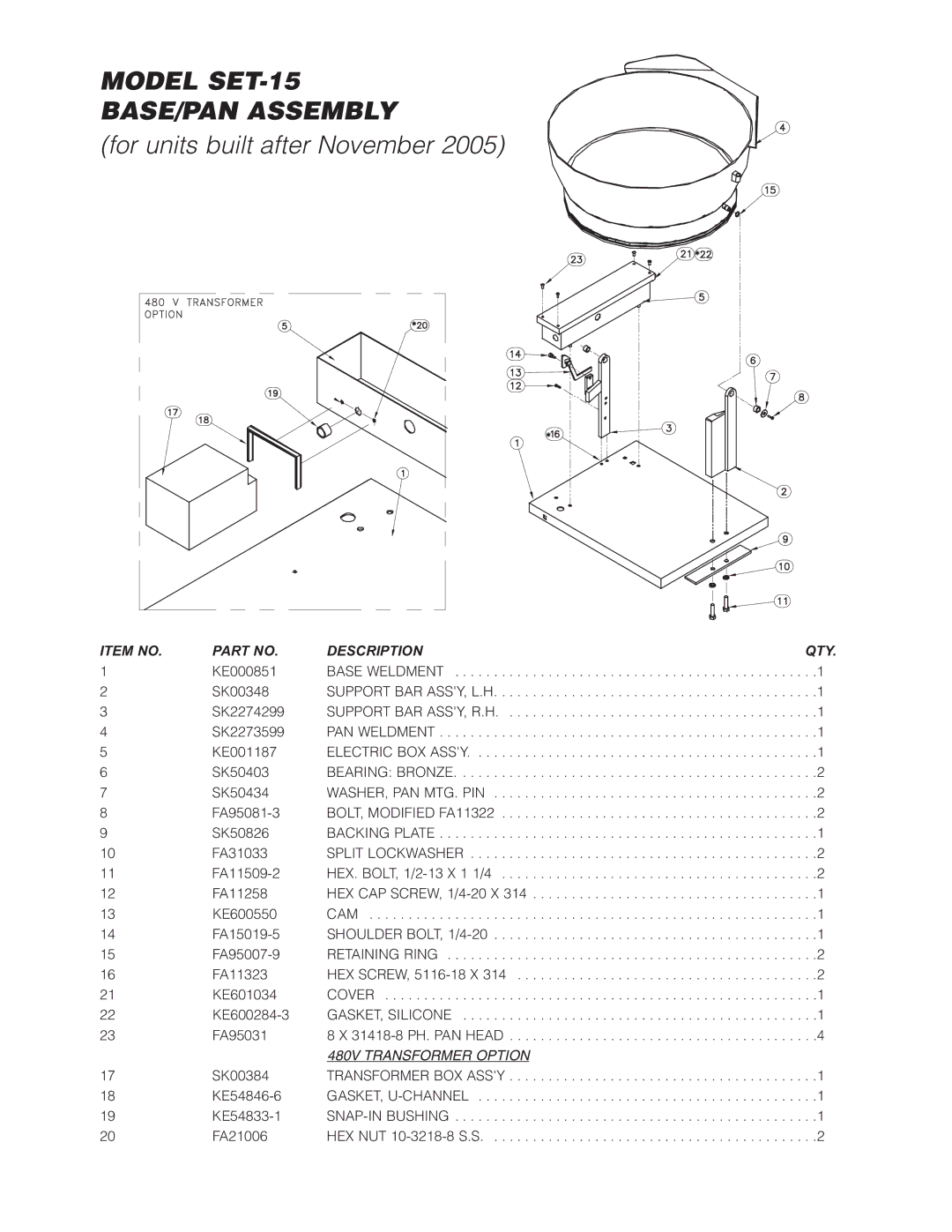 Cleveland Range SET-10 manual Model SET-15 BASE/PAN Assembly, 480V Transformer Option 