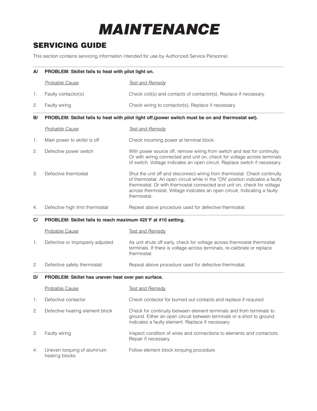 Cleveland Range SET-10, SET-15 manual Maintenance, Servicing Guide 