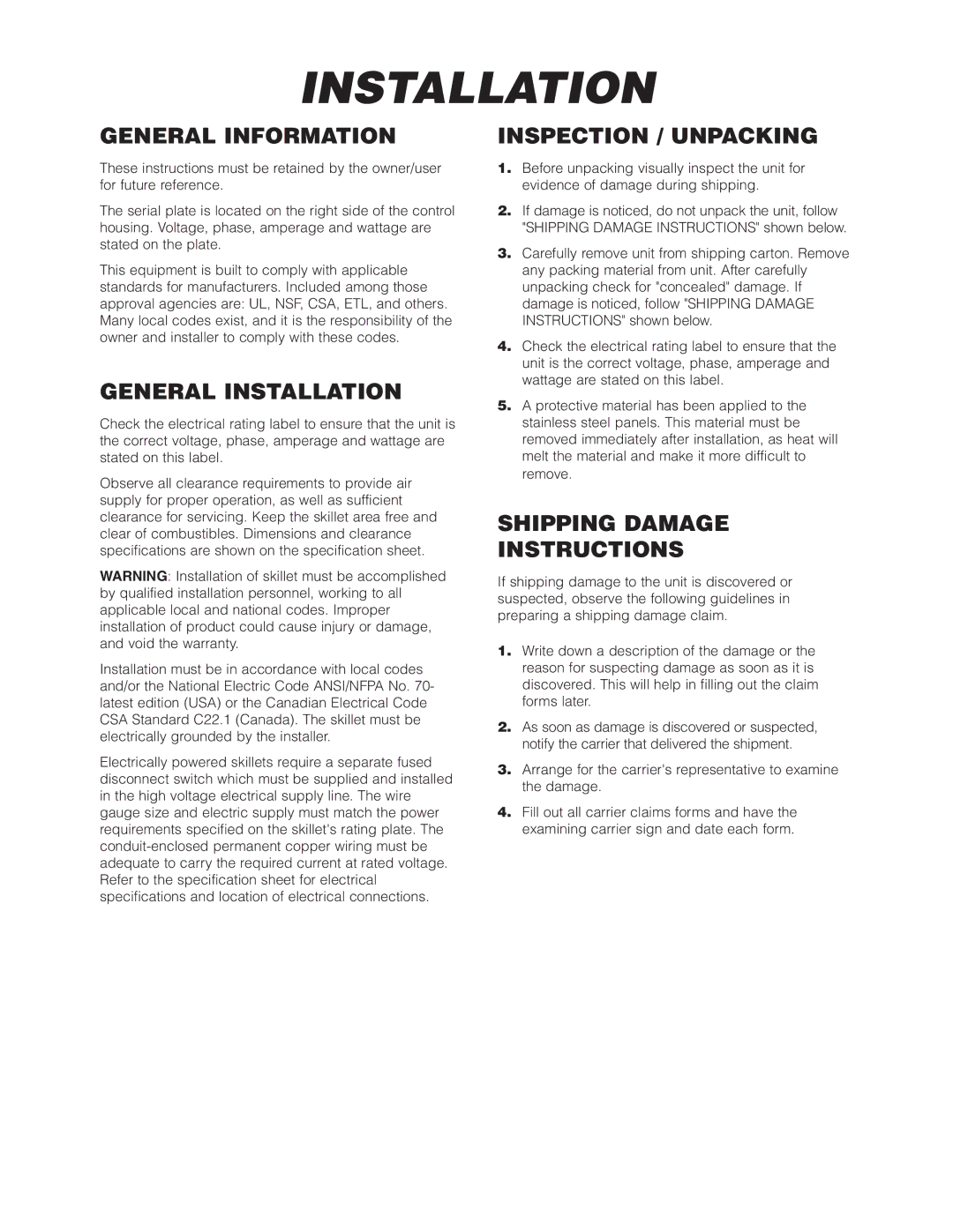 Cleveland Range SET-15 General Information, General Installation, Inspection / Unpacking, Shipping Damage Instructions 