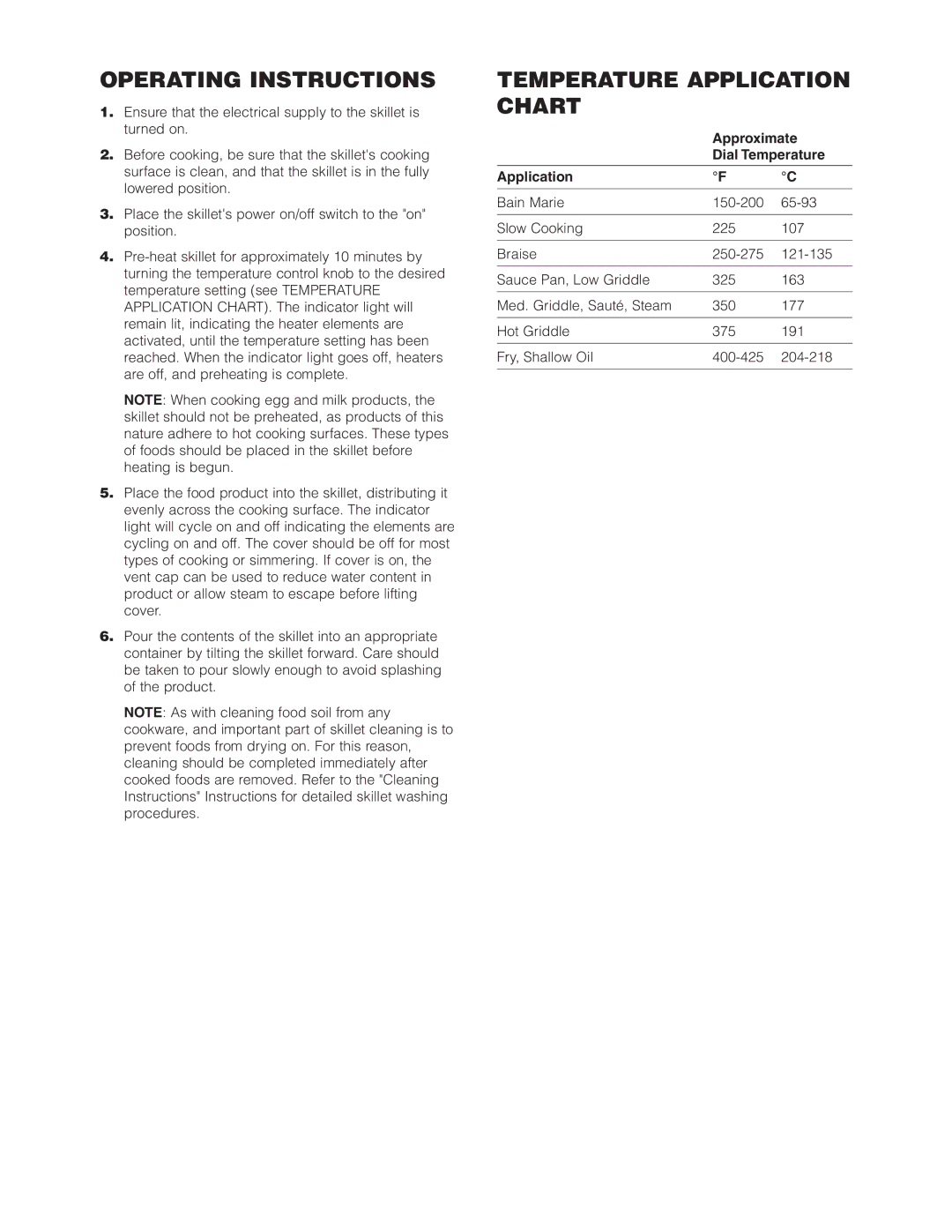 Cleveland Range SET-15, SET-10 manual Operating Instructions, Temperature Application Chart 