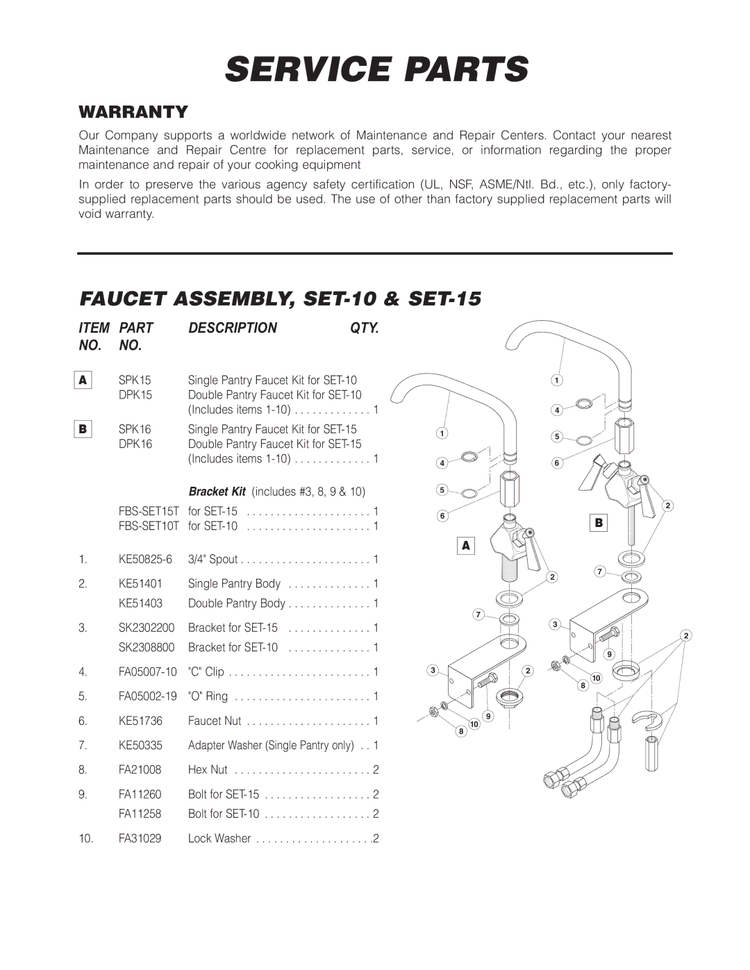 Cleveland Range manual Faucet ASSEMBLY,SET-10 & SET-15, Warranty 