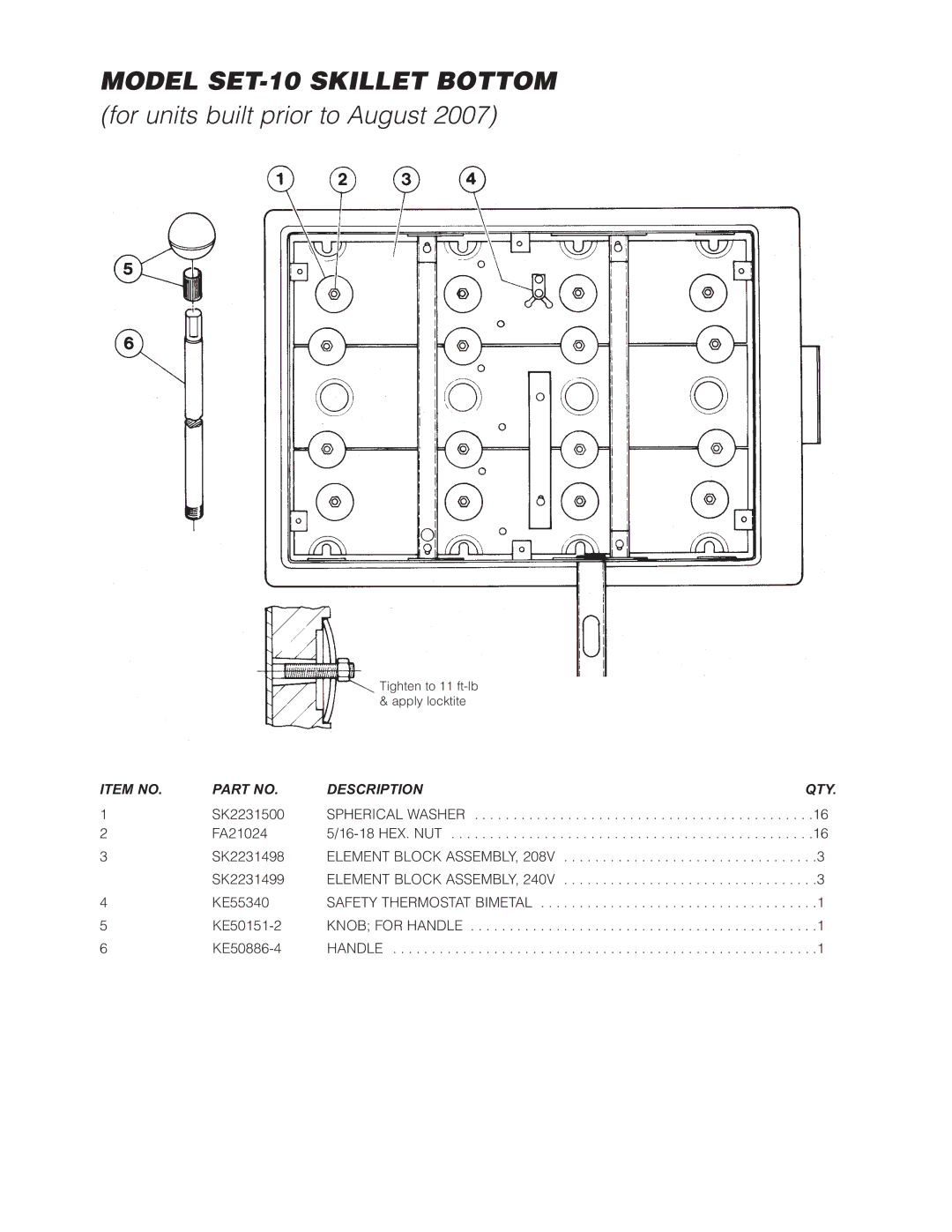 Cleveland Range SET-15 manual Model SET-10 Skillet Bottom, For units built prior to August 