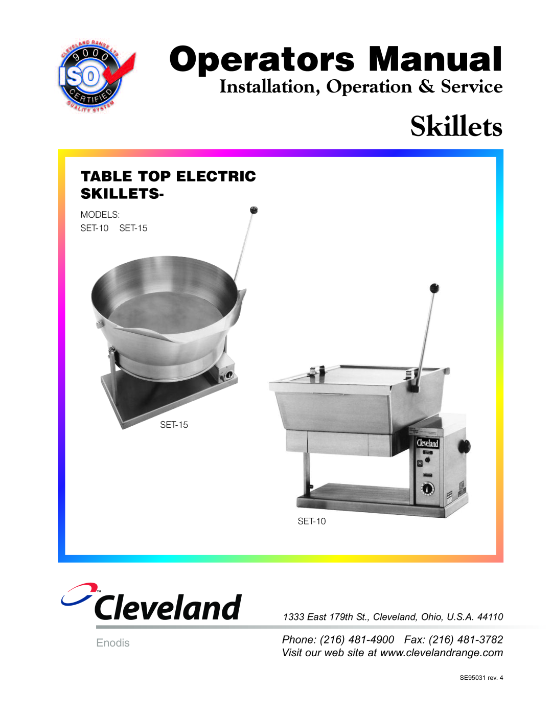 Cleveland Range SET-15 manual Table Top Electric Skillets, Cleveland, Operators Manual, Installation, Operation & Service 