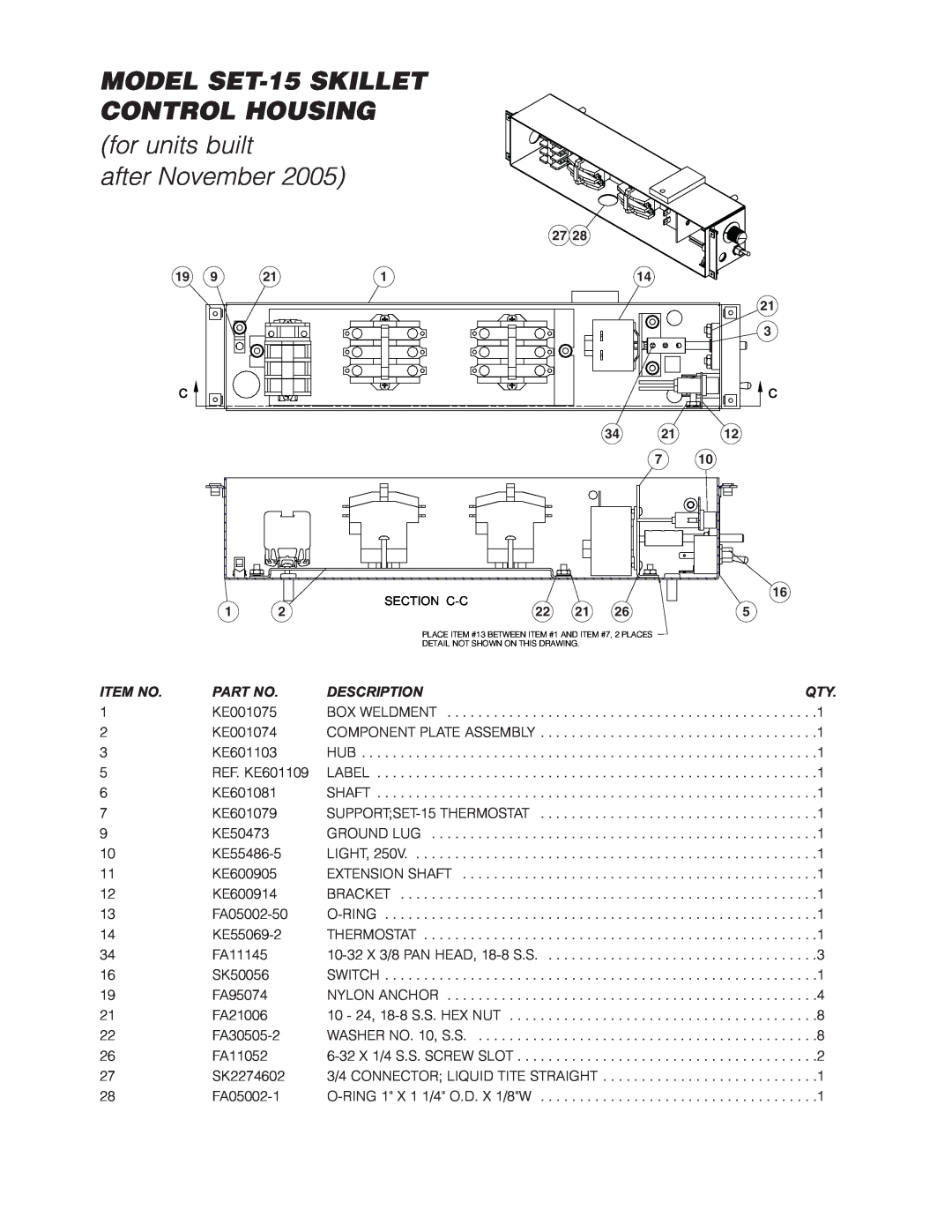 Cleveland Range SET-10 manual for units built after November, MODEL SET-15 SKILLET CONTROL HOUSING, Item No, Description 